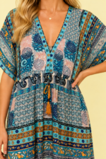 blusa seda ingrid azul turquesa estampado bohemio La Gata Voladora Alpujarra Almeria