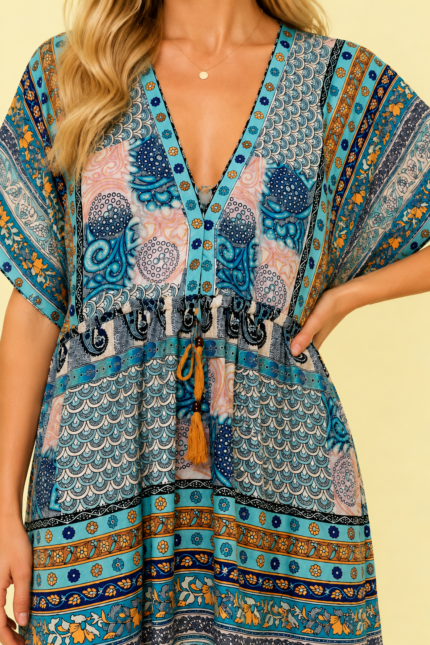blusa seda ingrid azul turquesa estampado bohemio La Gata Voladora Alpujarra Almeria