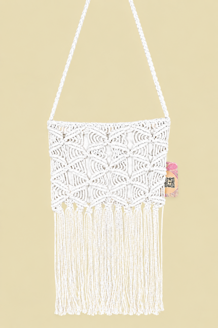 Bolso blanco macrame ibicenco boho chic La Gata Voladora Alpujarra Almeria