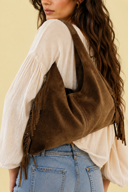bolso hombro piel serraje dakota con flecos estilo bohemio la gata voladora alpujarra almeria