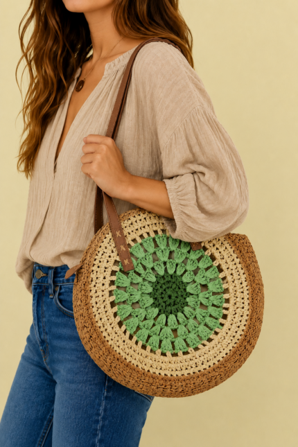 Bolso rafia caracol verde crochet estilo boho chic La Gata Voladora Alpujarra Almeria