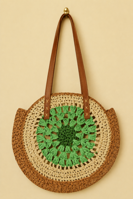 Bolso rafia redondo verde mujer estilo boho La Gata Voladora Alpujarra Almeria