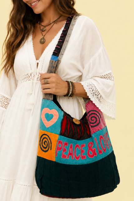 bolso tela peace love patchwork boho La Gata Voladora Alpujarra Almeria