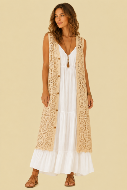 chaqueta crochet larga ibicenca algodon boho chic beige La Gata Voladora Alpujarra Almeria