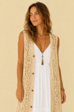 chaqueta crochet larga ibicenca algodon boho chic color beige La Gata Voladora Alpujarra Almeria
