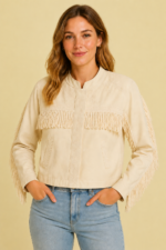 Chaqueta Olivia beige algodon bordados boho chic flecos La Gata Voladora Alpujarra Almeria