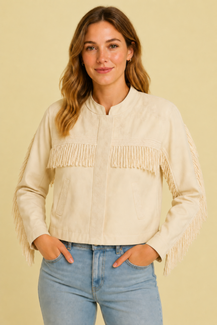 Chaqueta Olivia beige algodon bordados boho chic flecos La Gata Voladora Alpujarra Almeria