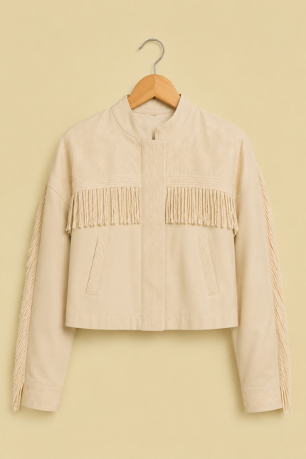 Chaqueta Olivia beige algodon con flecos bordados boho chic La Gata Voladora Alpujarra Almeria