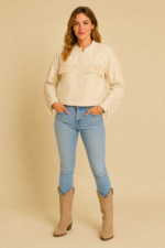 Chaqueta Olivia beige algodon bordada con flecos boho chic La Gata Voladora Alpujarra Almeria