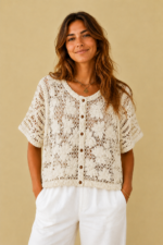 chaqueta crochet manga corta flor algodon beige boho chic ibicenca La Gata Voladora Alpujarra Almeria