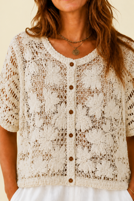 chaqueta crochet algodon beige estilo boho chic ibicenco La Gata Voladora Alpujarra Almeria