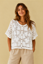 chaqueta crochet manga corta flor algodon blanco boho chic ibicenca La Gata Voladora Alpujarra Almeria
