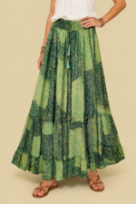 Falda larga boho chic seda verde esmeralda detalles dorados La Gata Voladora Alpujarra Almeria