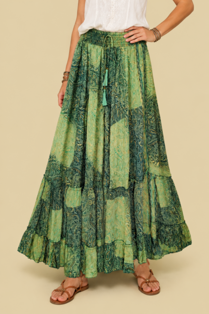 Falda larga boho chic seda verde esmeralda detalles dorados La Gata Voladora Alpujarra Almeria