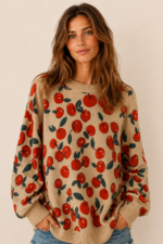 Jersey Boho Cherry beige estampado cerezas rojas manga larga La Gata Voladora Alpujarra Almeria
