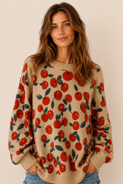 Jersey Boho Cherry beige estampado cerezas rojas manga larga La Gata Voladora Alpujarra Almeria