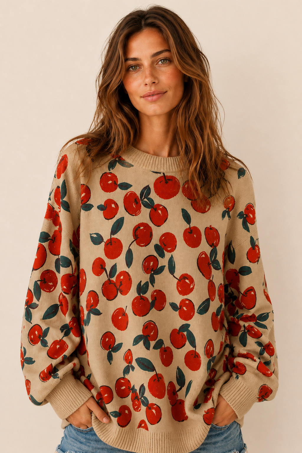 Jersey Boho Cherry Beige (1) Jersey Boho Cherry beige estampado cerezas rojas manga larga La Gata Voladora Alpujarra Almeria
