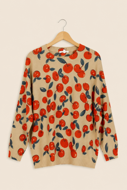 Jersey estilo bohemio Cherry beige estampado cerezas La Gata Voladora Alpujarra Almeria