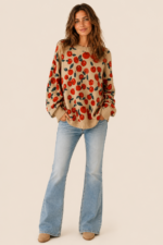 Jersey mujer Boho Cherry beige punto suave estampado cerezas La Gata Voladora Alpujarra Almeria