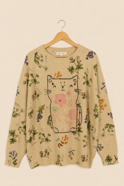 Jersey de punto Cute Cat beige estilo boho estampado gato La Gata Voladora Alpujarra Almeria