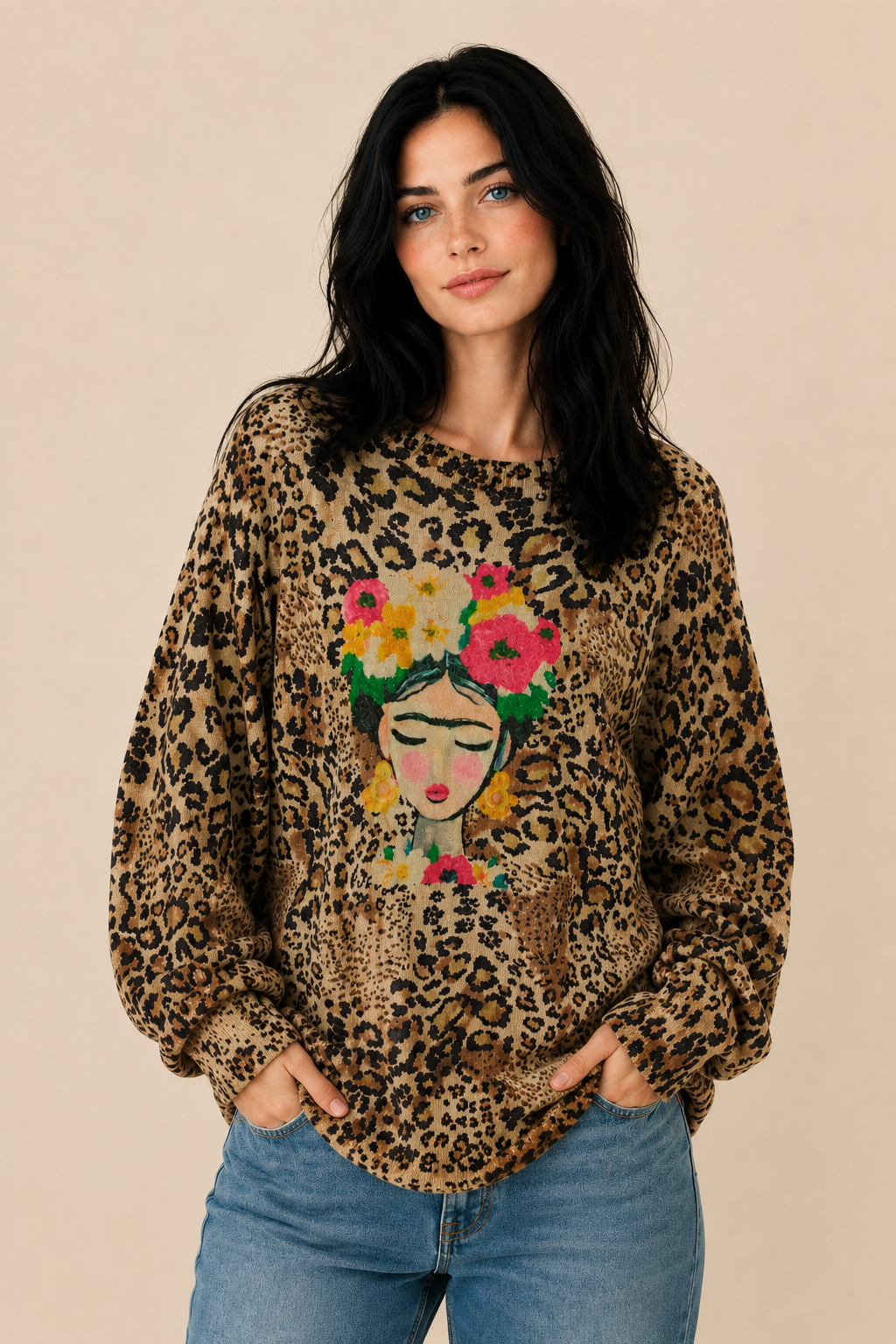 Jersey Frida Animal Print (1) Jersey Frida beige Animal Print jersey punto manga larga La Gata Voladora Alpujarra Almeria