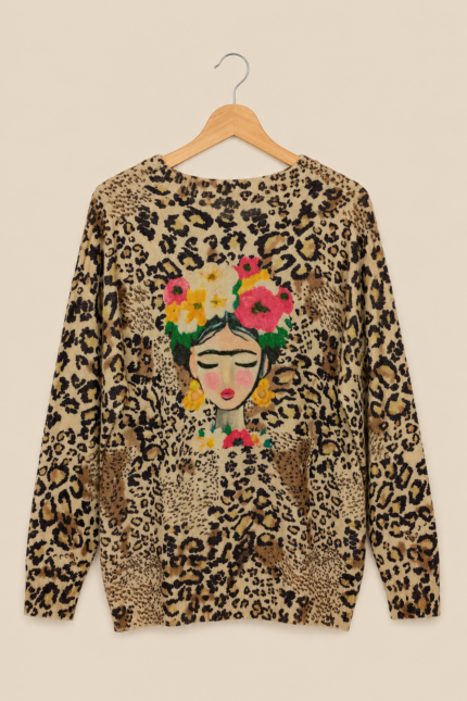 Jersey Frida beige Animal Print dibujo Frida manga larga La Gata Voladora Alpujarra Almeria