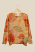 Jersey de punto bohemio Hojas de Otono beige estampado hojas otoñales La Gata Voladora Alpujarra Almeria