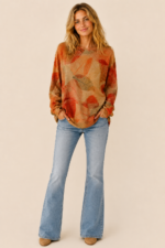 Jersey de punto Hojas de Otono beige estilo boho estampado hojas otoñales La Gata Voladora Alpujarra Almeria