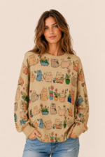 Jersey Lovely Cats estampado gatos beige mujer boho La Gata Voladora Alpujarra Almeria