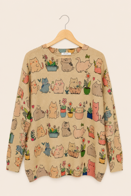 Jersey beige estampado gatos mujer estilo boho La Gata Voladora Alpujarra Almeria