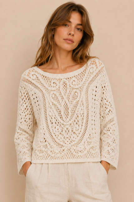 Jersey ganchillo Creta crochet ibicenco boho chic color beige La Gata Voladora Alpujarra Almeria
