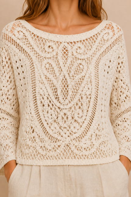 Jersey ganchillo Creta estilo ibicenco crochet boho chic color beige La Gata Voladora Alpujarra Almeria