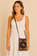 Mini bolso boho ganesha azul bordado etnico boho chic con espejitos La Gata Voladora Alpujarra Almeria