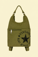 Mochila verde kaki estampado estrella vintage estilo boho La Gata Voladora Alpujarra Almeria