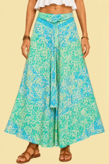 pantalon palazzo seda turquesa estampado boho chic inanna gold La Gata Voladora Alpujarra Almeria