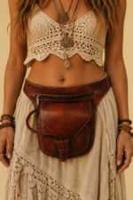 Rinonera de cuero marron marroqui artesanal estilo boho La Gata Voladora Alpujarra Almeria
