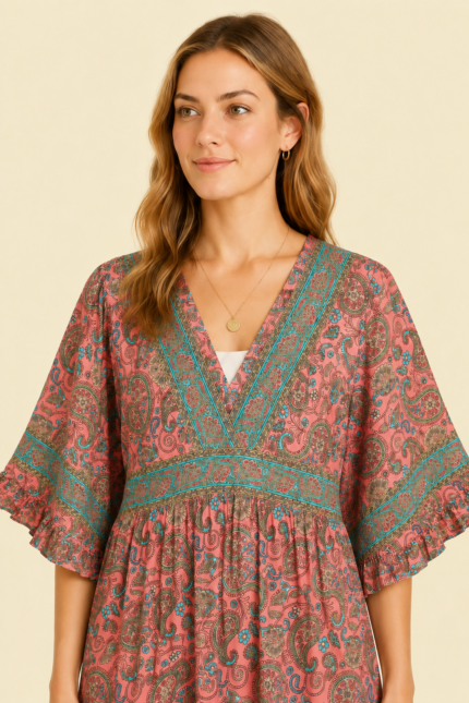 vestido seda saraswati color rosa estilo bohemio La Gata Voladora Alpujarra Almeria