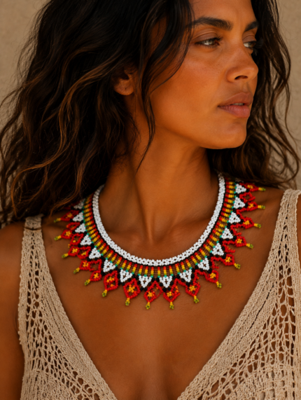Collar Tribal Llama Sagrada artesanal cuentas de colores La Gata Voladora Alpujarra Almeria