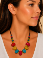 Collar ceramica artesanal boho chic colores rojo turquesa mostaza La Gata Voladora Alpujarra Almeria