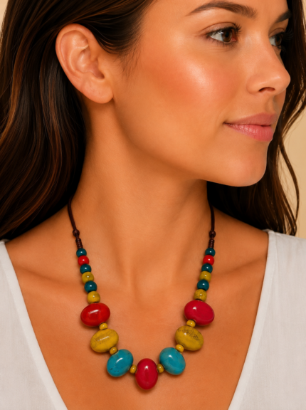 Collar ceramica artesanal boho chic colores rojo turquesa mostaza La Gata Voladora Alpujarra Almeria