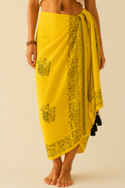 Pareo India Ganesha amarillo estampado elefantes La Gata Voladora Laujar de Andarax