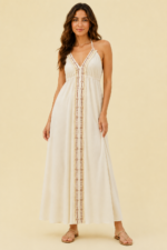 Vestido Algodón Natural Indira bordados marrones estilo boho chic La Gata Voladora Laujar de Andarax