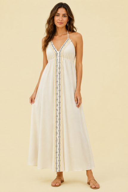 Vestido Algodón Natural Indira bordados azules estilo boho chic La Gata Voladora Laujar de Andarax