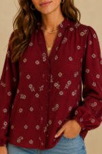 Blusa Bordada Flor de Algodón burdeos camisa boho chic bordada La Gata Voladora Alpujarra Almeria