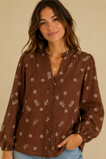 Blusa Bordada Flor de Algodón marron chocolate blusa bordada algodon boho La Gata Voladora Alpujarra Almeria