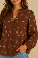 Blusa Bordada Flor de Algodón marron chocolate camisa boho chic bordada La Gata Voladora Alpujarra Almeria