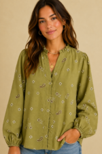 Blusa Bordada Flor de Algodón verde caqui blusa bordada algodon boho La Gata Voladora Alpujarra Almeria