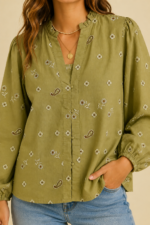 Blusa Bordada Flor de Algodón verde caqui camisa boho chic bordada La Gata Voladora Alpujarra Almeria