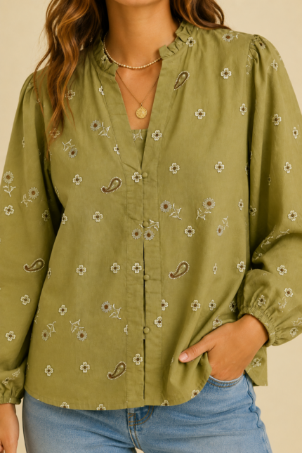 Blusa Bordada Flor de Algodón verde caqui camisa boho chic bordada La Gata Voladora Alpujarra Almeria