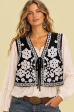 Chaleco Bordado Flora estilo boho chic bordado gris plateado La Gata Voladora Alpujarra Almeria
